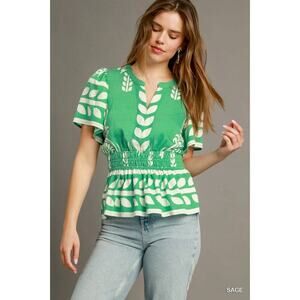 Umgee Boho Peplum Smocked Waist Blouse
